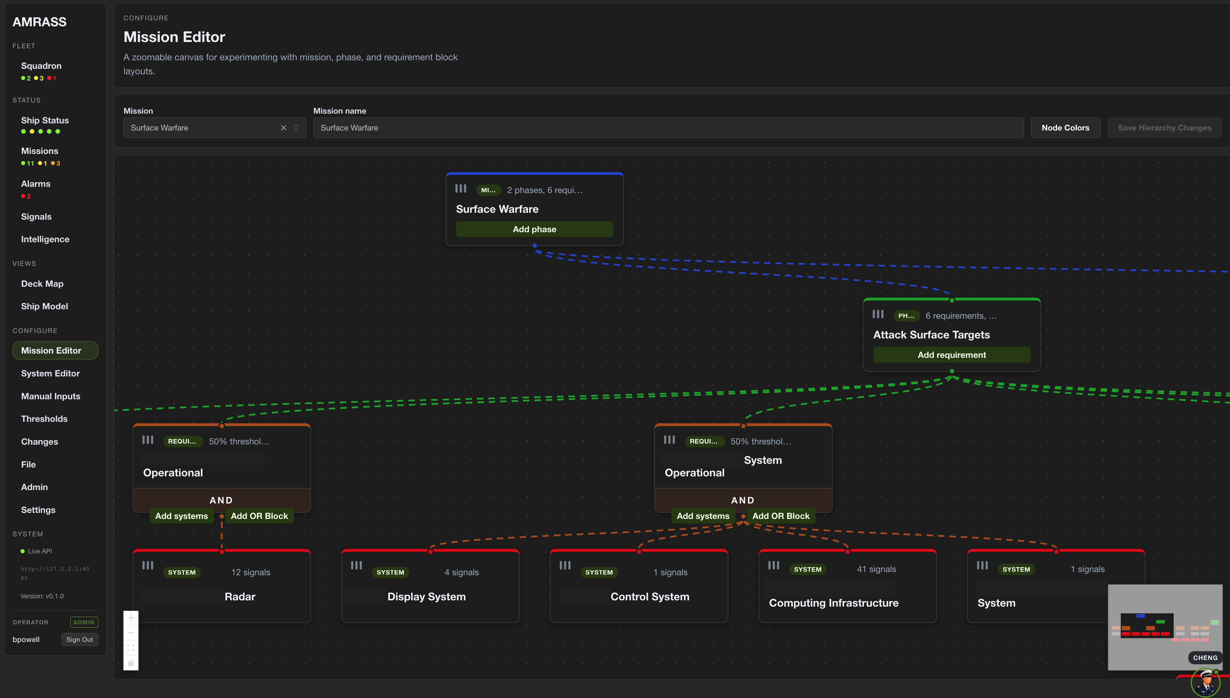 AMRASS mission editor showing mission configuration context.