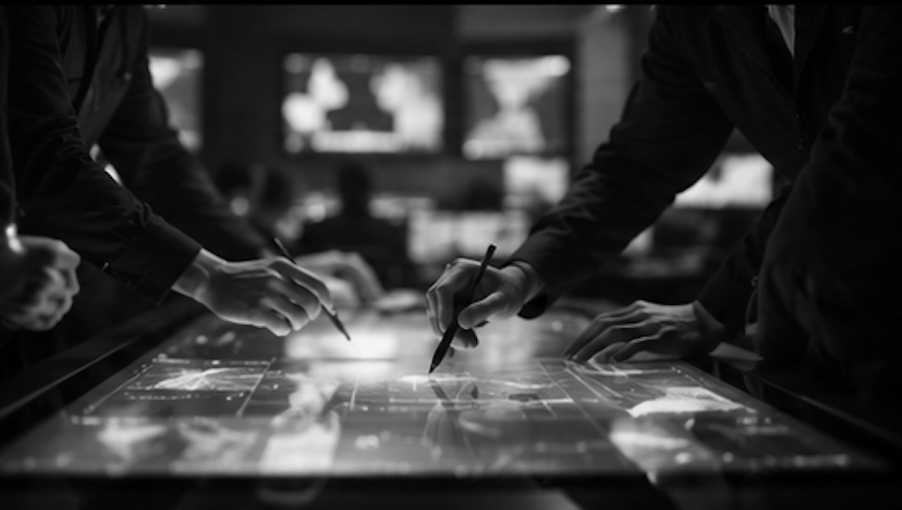 Black and white advisory scene with professionals reviewing technical materials