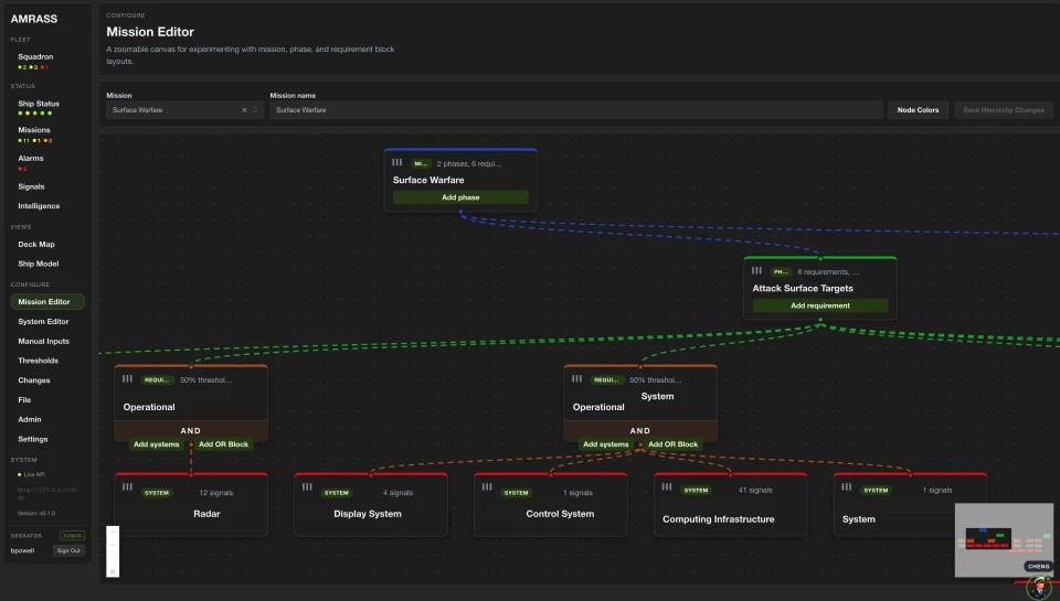 AMRASS mission editor showing mission configuration context.