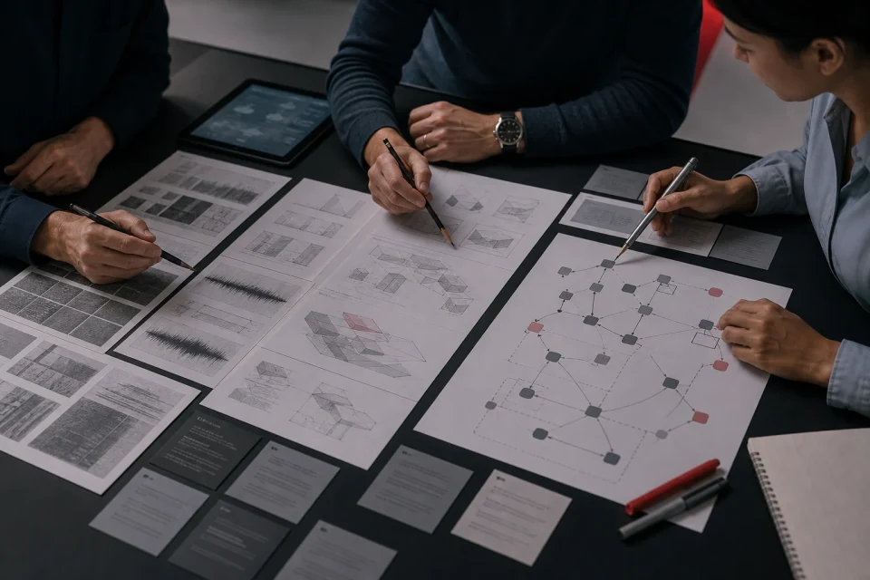 Technical advisors reviewing fictional system architecture, test evidence, and dependency diagrams
